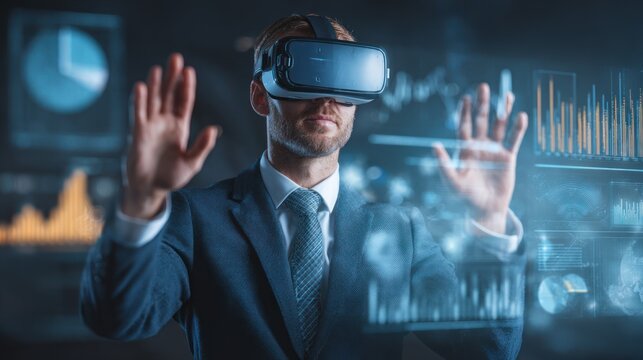 Businessman interacts with holographic data using virtual reality headset.