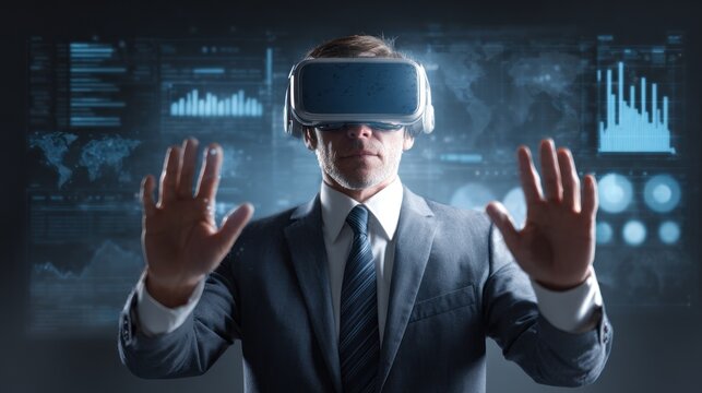 Businessman interacting with holographic data using virtual reality headset.