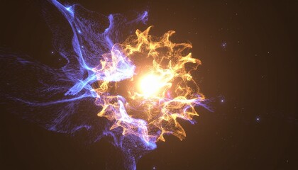 A bright, orange, star-like core surrounded by swirling blue and purple energy in space