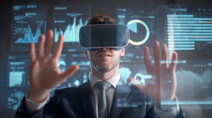 Businessman interacts with holographic data using virtual reality headset.