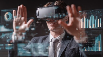 Businessman interacting with virtual reality data displays using hands.