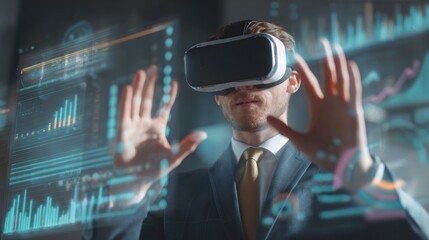 Businessman interacts with holographic data using virtual reality headset.