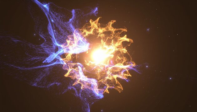 A bright, orange, star-like core surrounded by swirling blue and purple energy in space