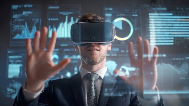 Businessman interacts with holographic data using virtual reality headset.