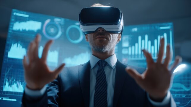 Businessman interacts with holographic data using virtual reality headset.