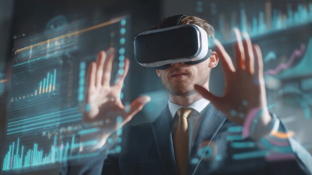 Businessman interacts with holographic data using virtual reality headset.