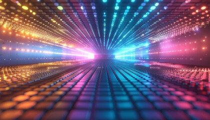 A futuristic data tunnel with binary code and flowing neon lights in vibrant blue, pink, and orange