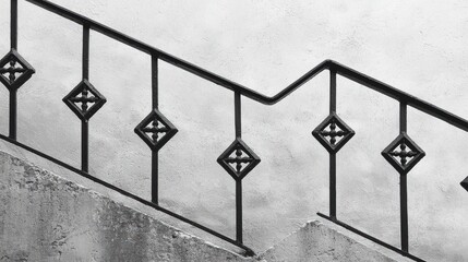 Black and white image of a staircase railing with diamond shapes.
