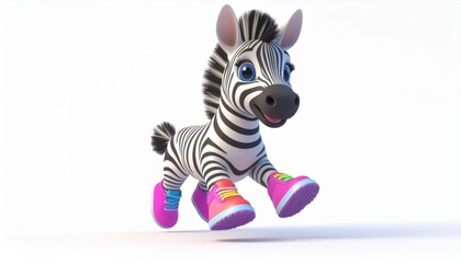 Fototapeta premium A cute 3D cartoon baby zebra character running happily in colorful sneakers isolated on a white background