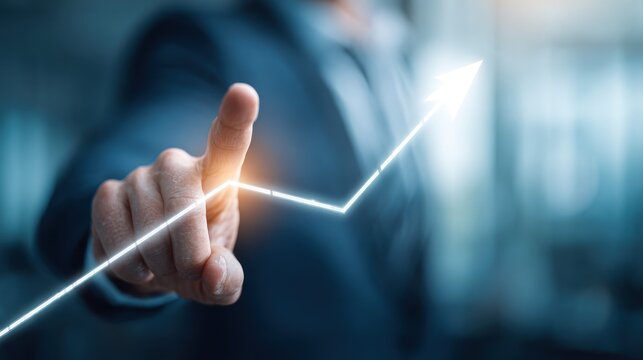 Businessman touches glowing upward trending line on dark background. - Powered by Adobe