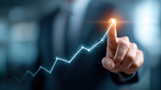 Businessman touches glowing upward trend line on dark background