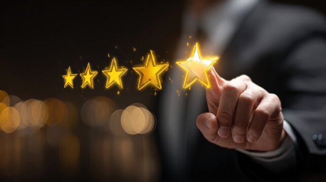Hand touching glowing five star rating system against dark background