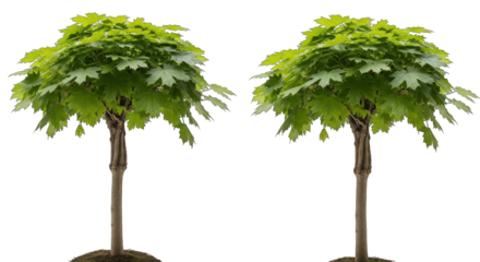 Two small vibrant green trees with lush foliage and slender trunks.