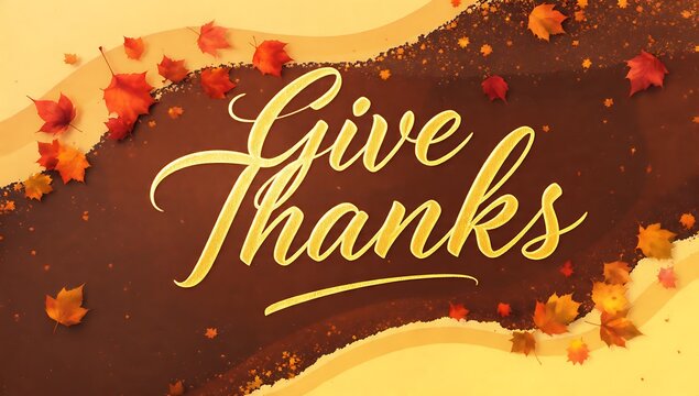Warm autumnal give thanks message with falling leaves and golden hues evoking gratitude and the spirit of thanksgiving