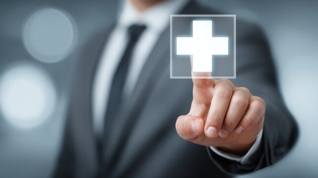 Businessman finger touching glowing white cross icon on screen