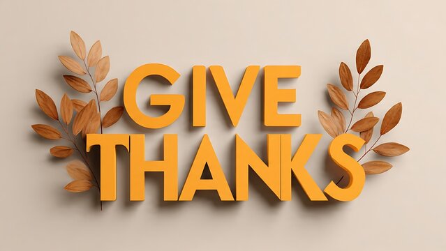Orange 3d give thanks text with autumn leaves conveying a warm and festive thanksgiving holiday message