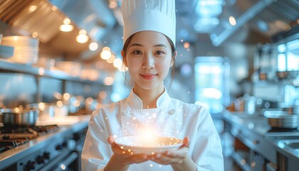 Chef in futuristic kitchen holding a glowing dish, symbolizing culinary innovation and food technology.