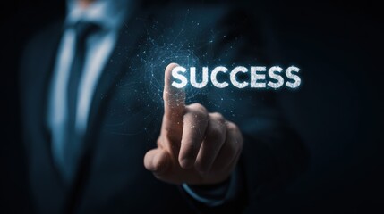 Businessman finger touches glowing digital word success on dark background.