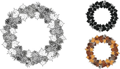 Hand drawn wreath with pine cones and leaves in different styles decorative element for christmas and new year design