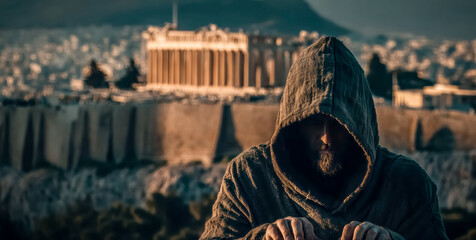 A hooded figure works quietly before an ancient temple, creating a striking tension between timeless stone and an emerging digital threat.