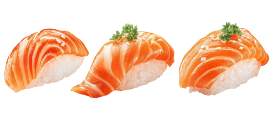 Close-up view of three expertly crafted sushi pieces featuring vibrant salmon slices garnished with a hint of green, set against a clean, minimalistic background ideal for culinary presentations