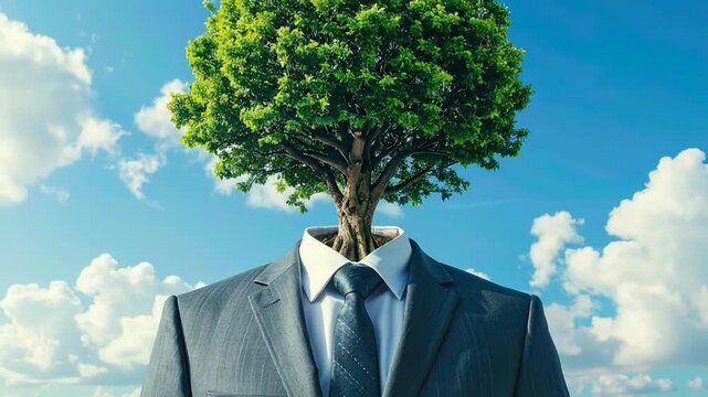 Metaphor of a tree growing from a businessman's neck symbolizing growth, nature, and sustainable business practices