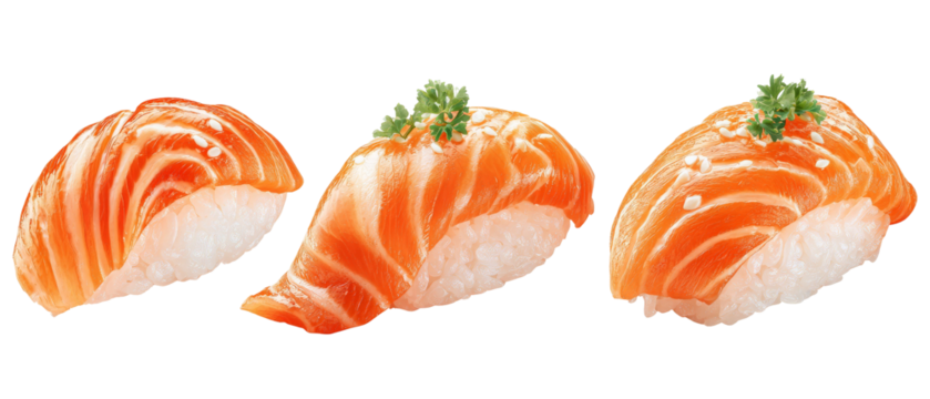 Close-up view of three expertly crafted sushi pieces featuring vibrant salmon slices garnished with a hint of green, set against a clean, minimalistic background ideal for culinary presentations