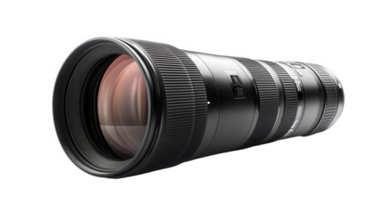 Black telephoto lens isolated on transparent background for professional photography