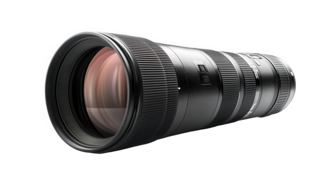 Black telephoto lens isolated on transparent background for professional photography