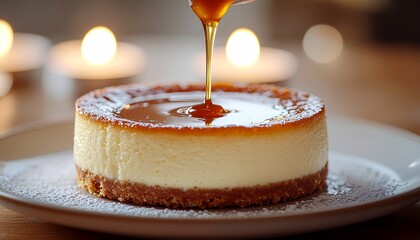 Slow-motion caramel pours onto a mini cheesecake, captured with shallow depth of field and warm light.
