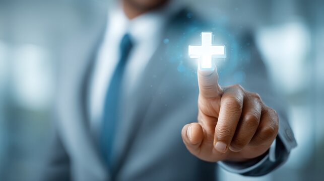 Businessman touches glowing plus sign with index finger.