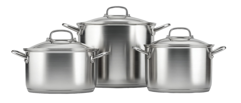 A set of three polished stainless steel cooking pots with lids, arranged in a triangular formation on a plain background, showcasing their sleek design and functionality for culinary use