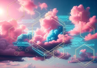 Abstract Cloudscape with Geometric Shapes Overlayed against a Dreamy Sky