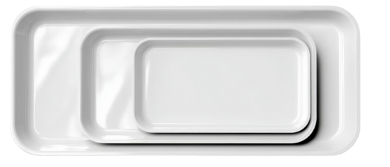 Three stacked white trays of varying sizes arranged neatly on a plain background, showcasing their smooth surfaces and simple design, ideal for culinary presentations or serving