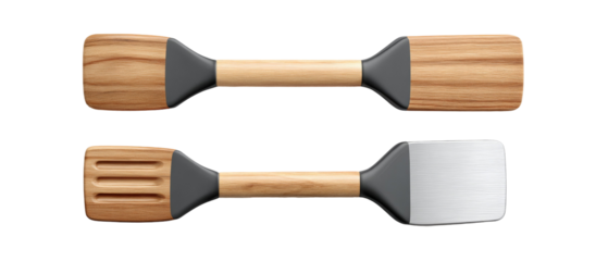 A pair of kitchen utensils featuring a wooden spatula and a metal turner, positioned symmetrically against a clean background, ideal for culinary-themed projects or cooking tutorials