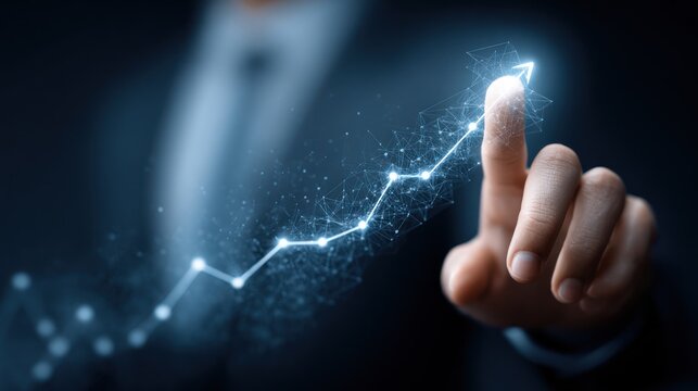 Finger touching glowing digital upward trend line on dark background.