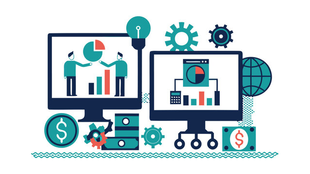 Diverse business team collaborating and managing a digital advertising campaign with charts and data visualization on screens