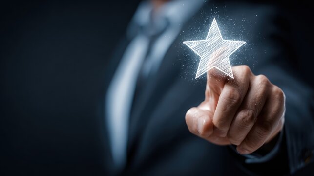 Businessman finger touching glowing sketched star with sparkles background