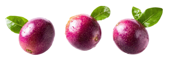 A vibrant display of three purple passion fruits with green leaves, showcasing their rich texture and color against a clean white background, ideal for culinary or health-related content