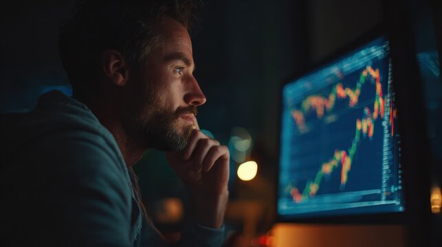Man concentrating on glowing stock market chart display in darkness