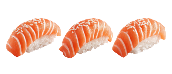 Three beautifully arranged pieces of sushi featuring fresh salmon atop a bed of rice, with a sprinkle of sesame seeds, perfect for a culinary showcase or food blog