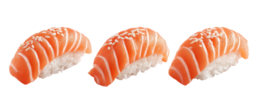 Three beautifully arranged pieces of sushi featuring fresh salmon atop a bed of rice, with a sprinkle of sesame seeds, perfect for a culinary showcase or food blog