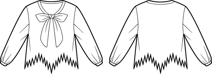 Fashion illustration, blouse sketch, bow neckline, zigzag hemline, puffed sleeves, gathered cuffs, technical drawing, garment design, apparel template, clothing mockup, textile concept, fashion flat