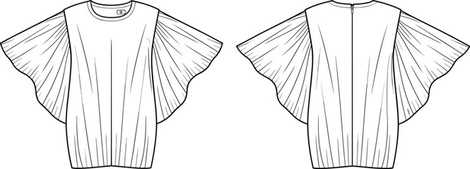 Fashion illustration, blouse sketch, pleated sleeves, round neckline, zipper back, voluminous silhouette, technical drawing, garment design, apparel template, clothing mockup, textile concept
