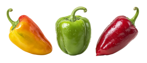 A vibrant arrangement of yellow, green, and red bell peppers displayed against a clean background, showcasing their fresh appearance and potential for culinary use