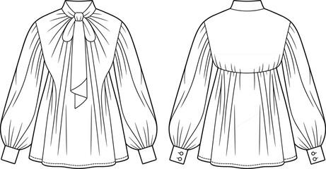 Fashion illustration, blouse sketch, bow tie neckline, pleated front, voluminous sleeves, gathered cuffs, technical drawing, garment design, apparel template, clothing mockup, textile concept