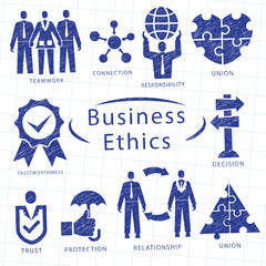 Hand drawn illustration of business ethics concepts with diverse elements