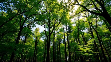 Ultra-realistic photograph of a dense, sun-dappled forest, vibrant greens and earthy browns, natural light filtering through canopy, wide shot, forest floor details
