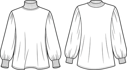 Fashion illustration, technical sketch, long sleeve top, ribbed cuffs, turtleneck, crewneck, voluminous sleeves, garment design, apparel template, clothing mockup, textile concept, fashion flat