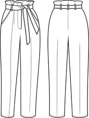 Fashion illustration, trousers sketch, paperbag waist, fabric belt, pleated front, tapered leg, technical drawing, garment design, apparel template, clothing mockup, textile concept, fashion flat
